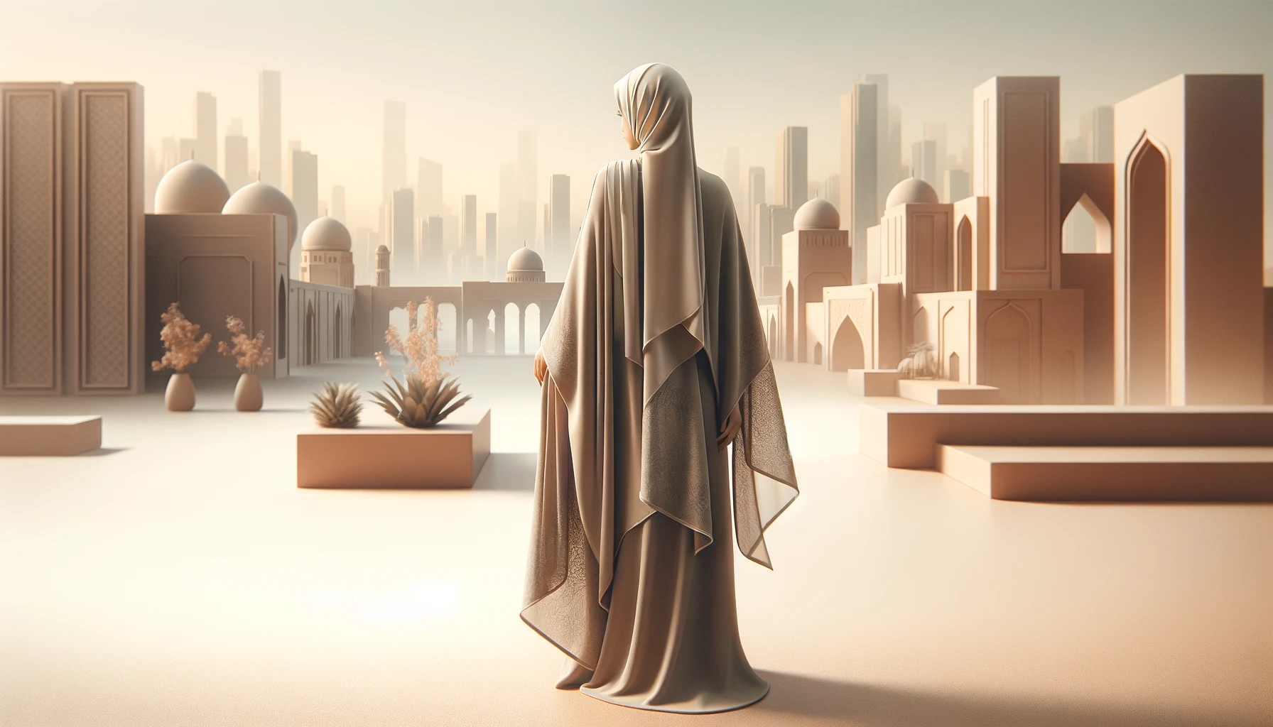 Une femme en abaya fluide et hijab contemple un paysage urbain minimaliste, où se mêlent silhouettes architecturales traditionnelles et contemporaines, dans des tons neutres doux symbolisant la fusion du patrimoine et du style moderne